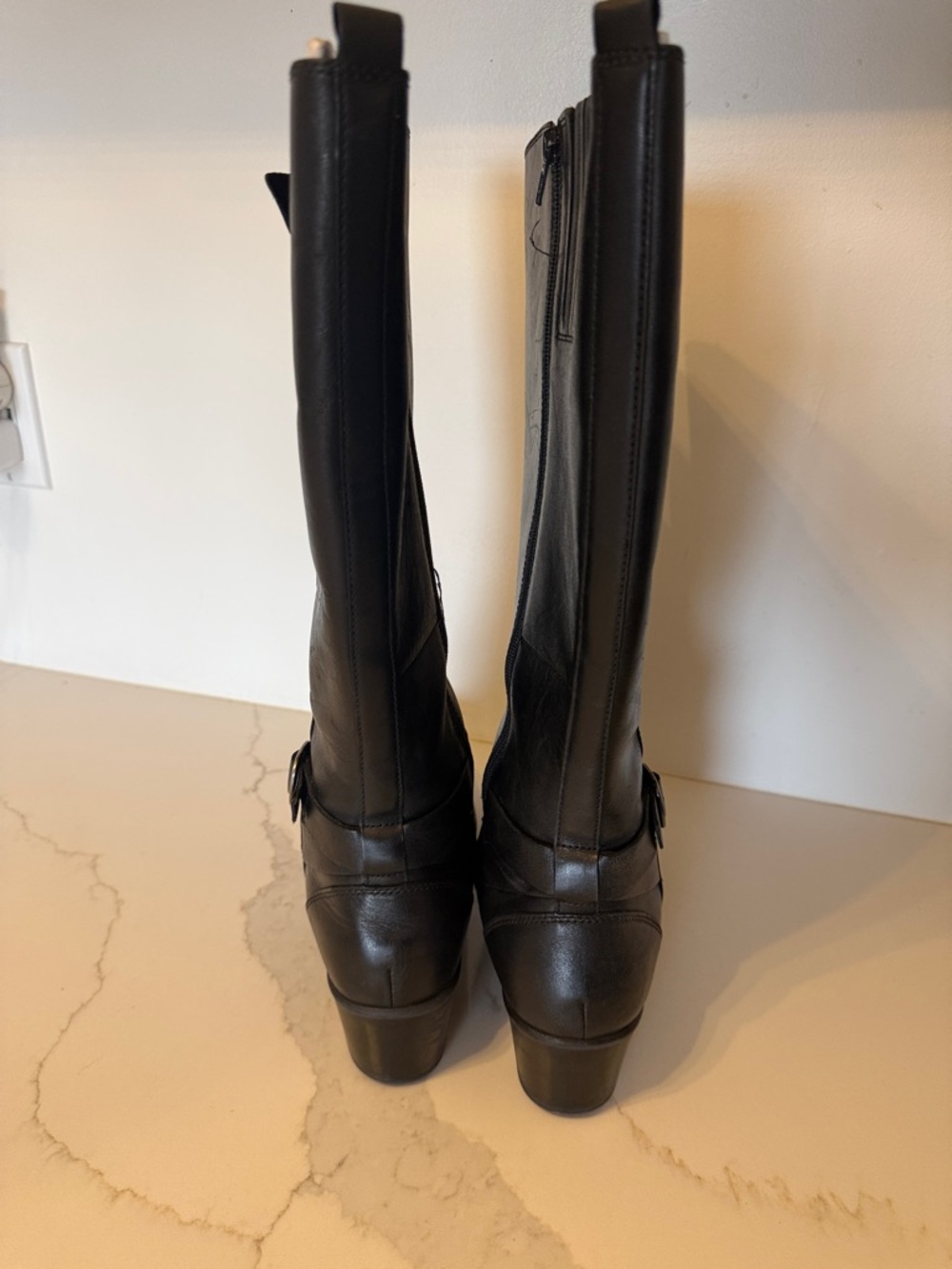 Clarks Black Leather Mid-Calf Wedge Boots with Buckles - Picture 5 of 6